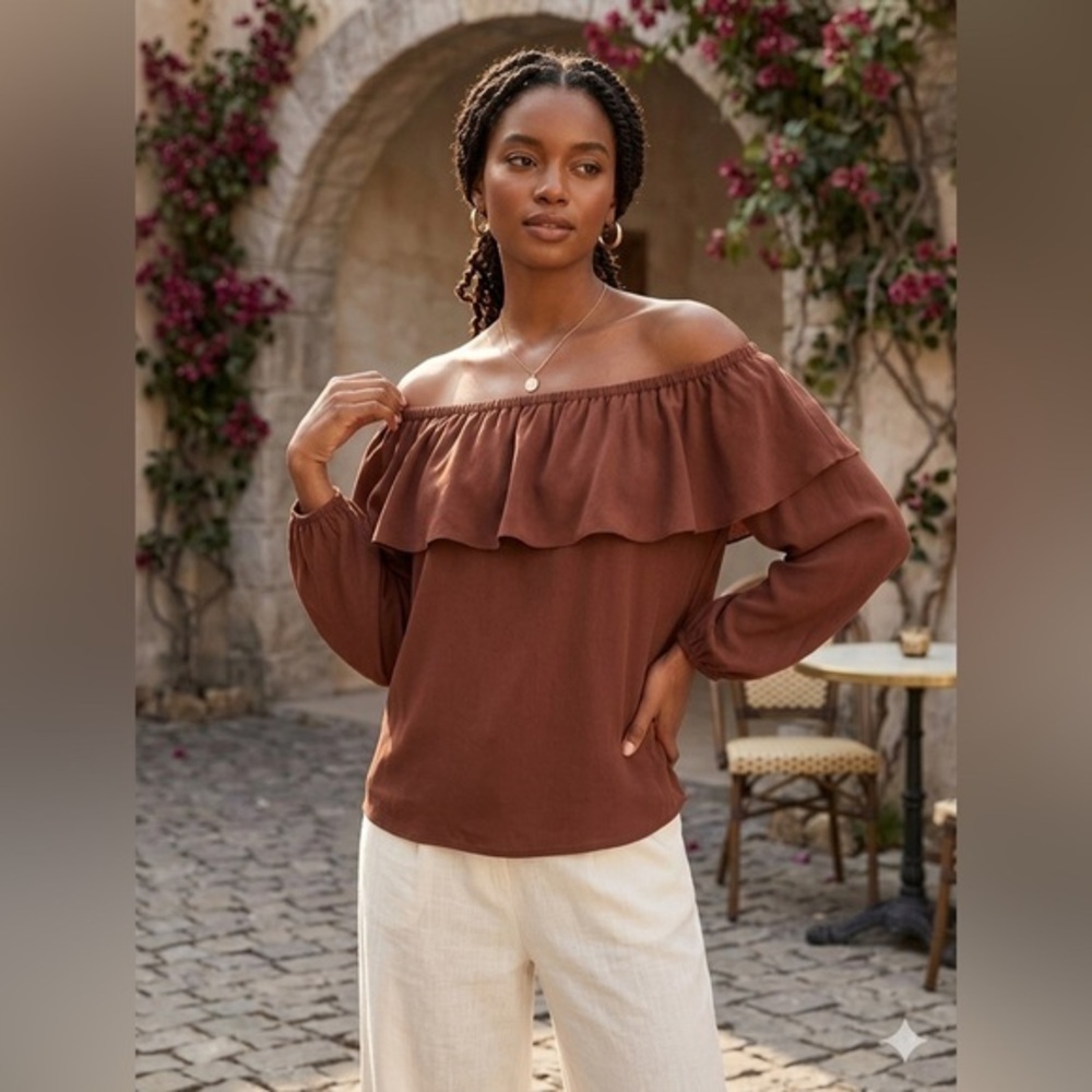 Aritzia Wilfred Womens X Small Red Wine Morel Blouse Off Shoulder Ruffle Top XS